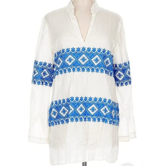 Tory Burch Stephanie Embroidered Coverup Tunic Top Ivory blue L - Picture 1 of 9
